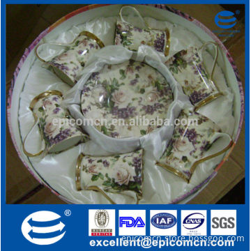 luxury gold and purple flowers decal bone china tea set for six people in stock